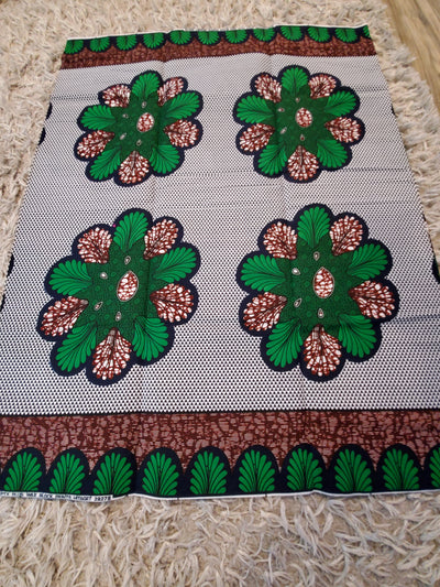 White, Green and Brown Ankara Print Fabric