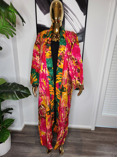Pink and Green Maxi Kimono with Belt