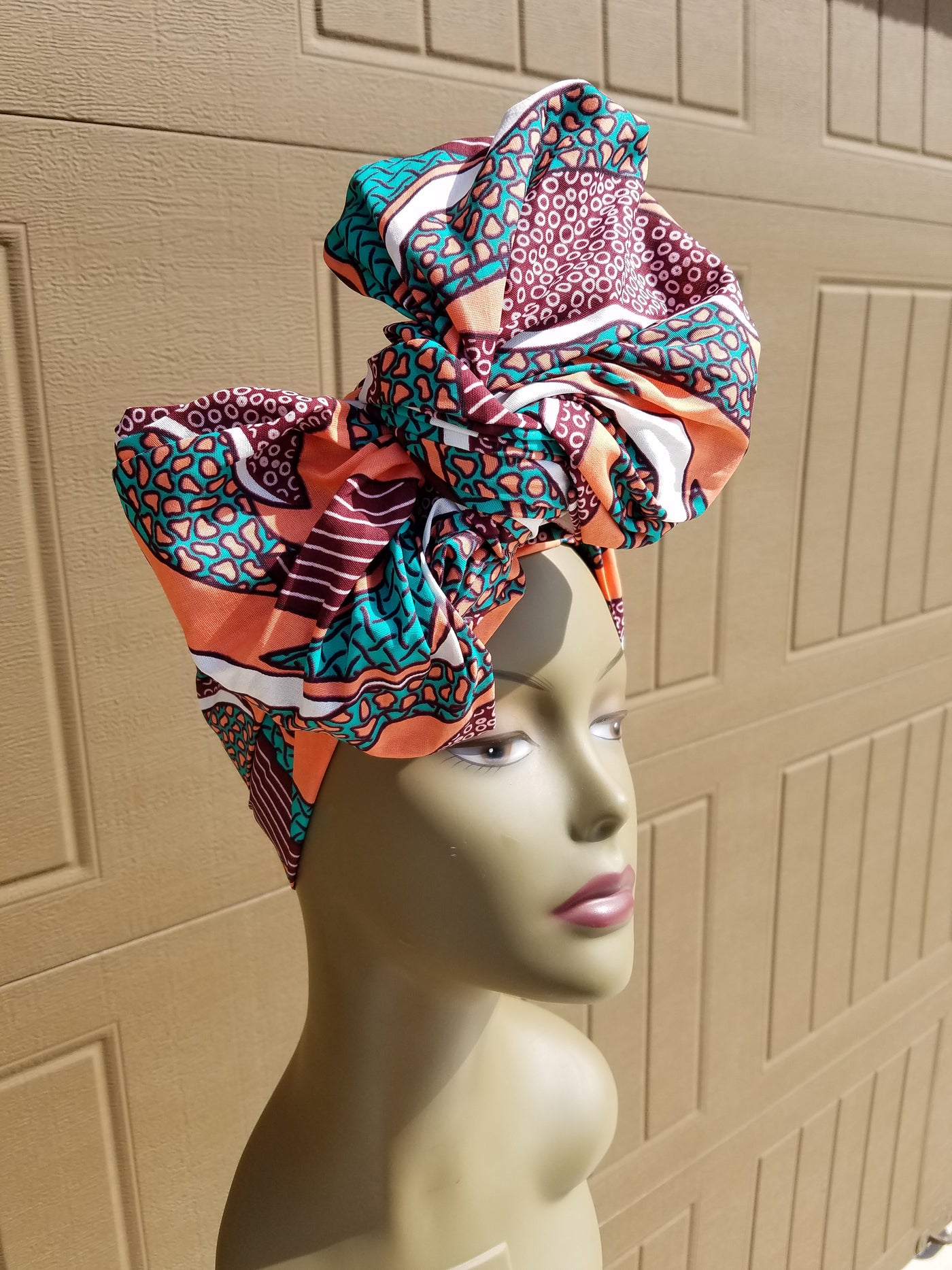 Peach and Maroon African Fabric Headwrap. Ankara Headwrap