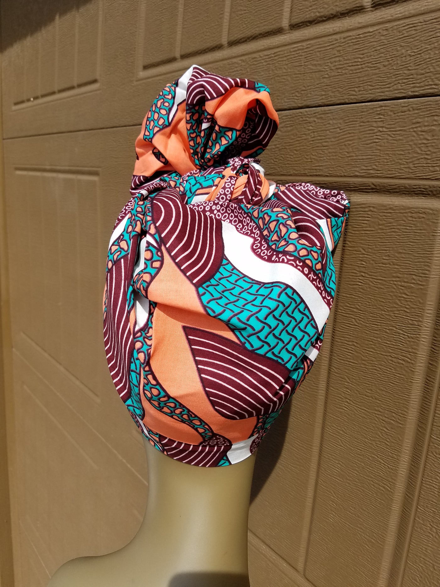 Peach and Maroon African Fabric Headwrap. Ankara Headwrap