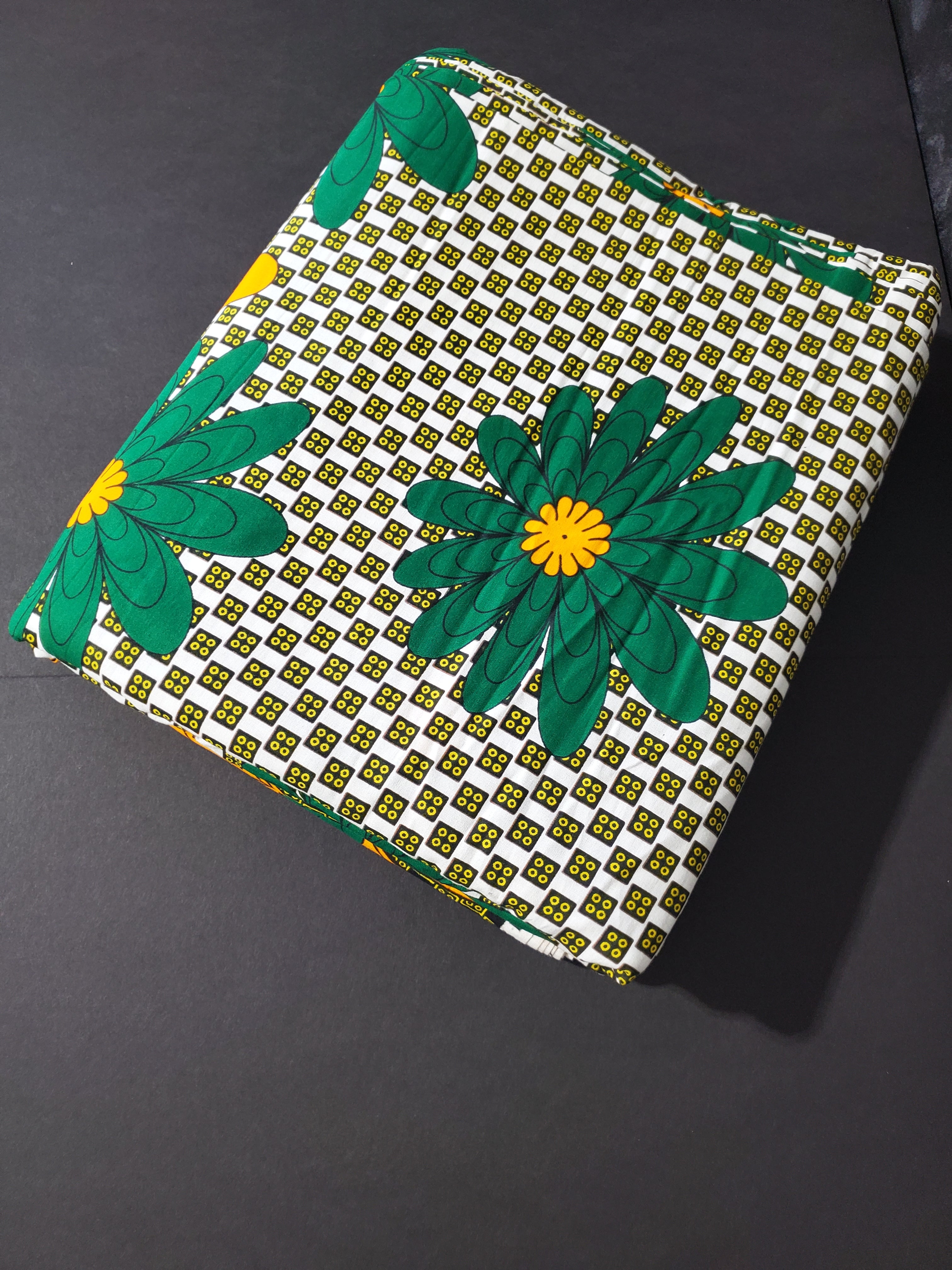 Green and Gold Ankara Fabric with Geometric Blocks and Peacock Feather Pattern