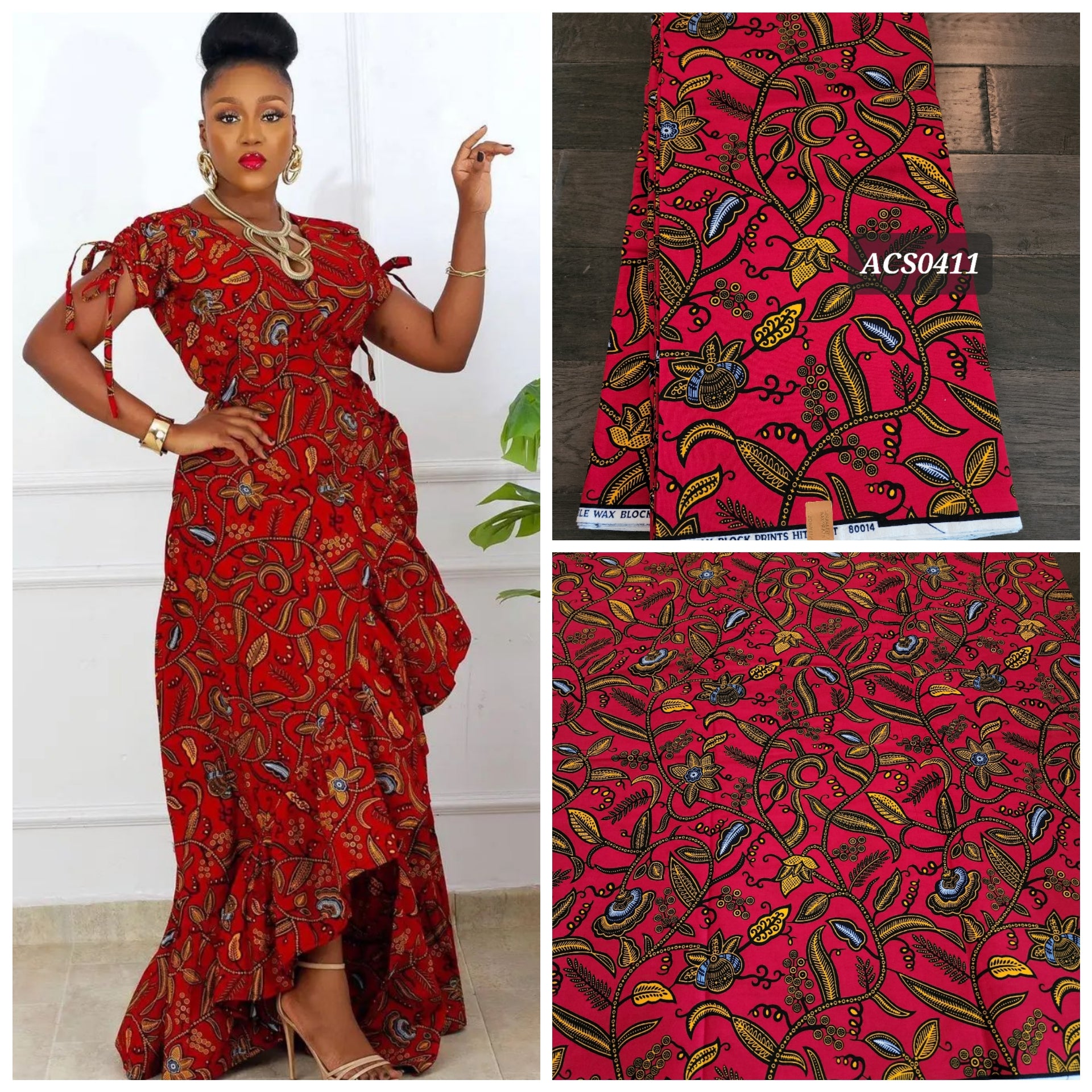 Abstract Red and Yellow Ankara Fabric with Geometric and Floral Patterns
