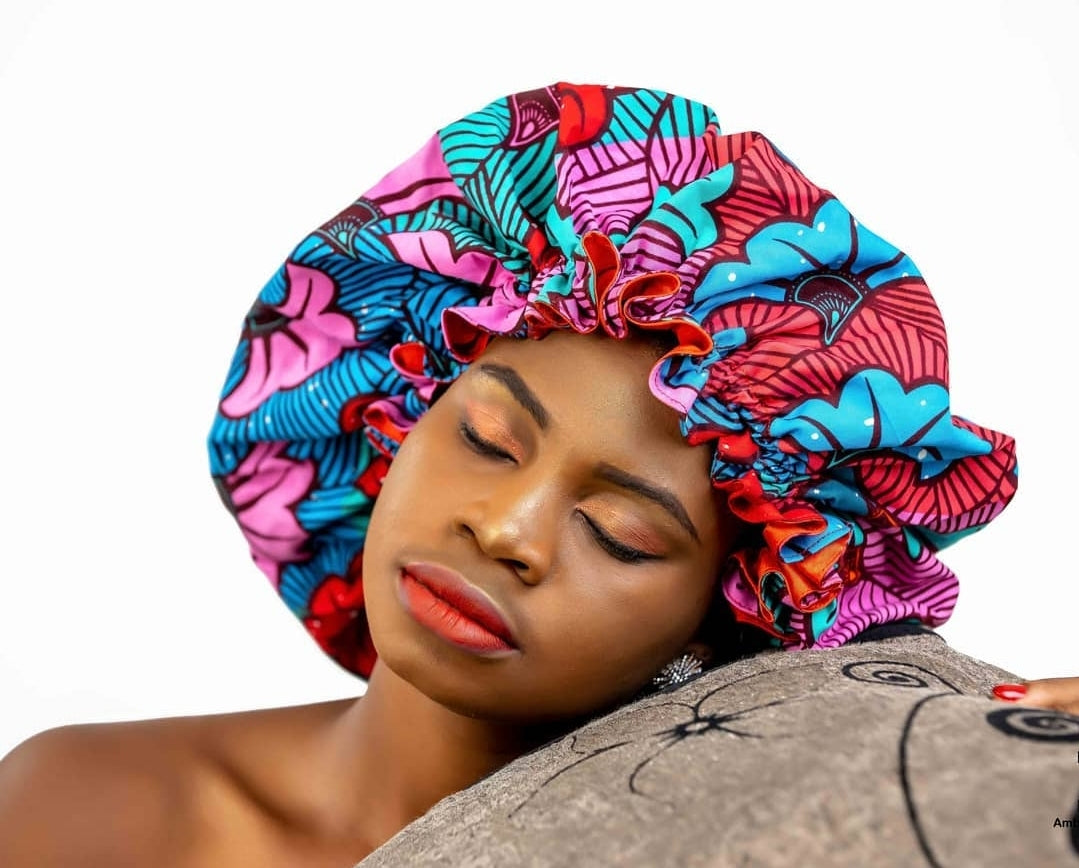 Pink and Blue African Fabric Satin-lined Bonnet