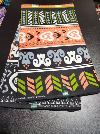 Peach and Black Tribal Ankara Print Fabric. ACS2243