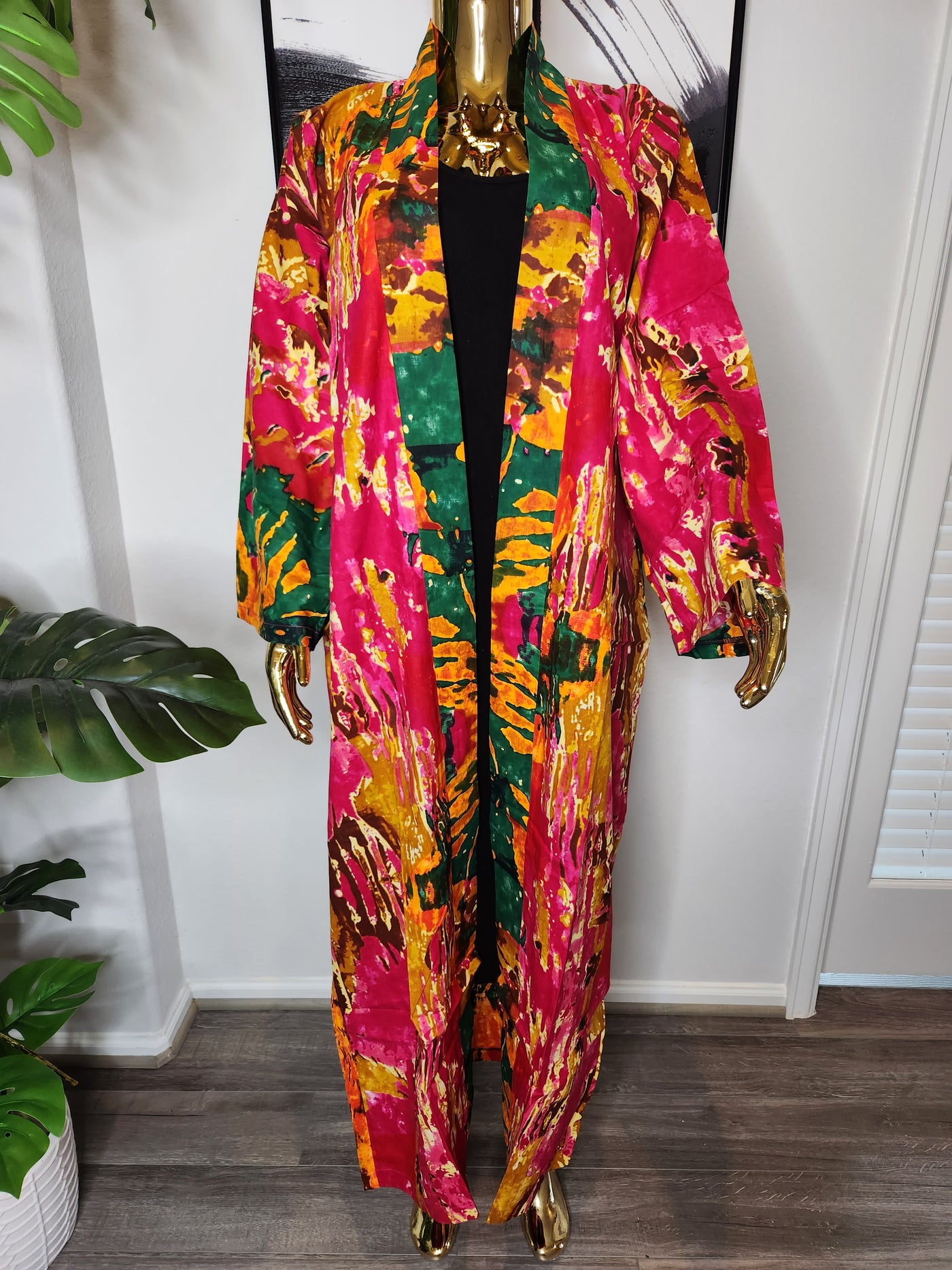 Pink and Green Maxi Kimono with Belt