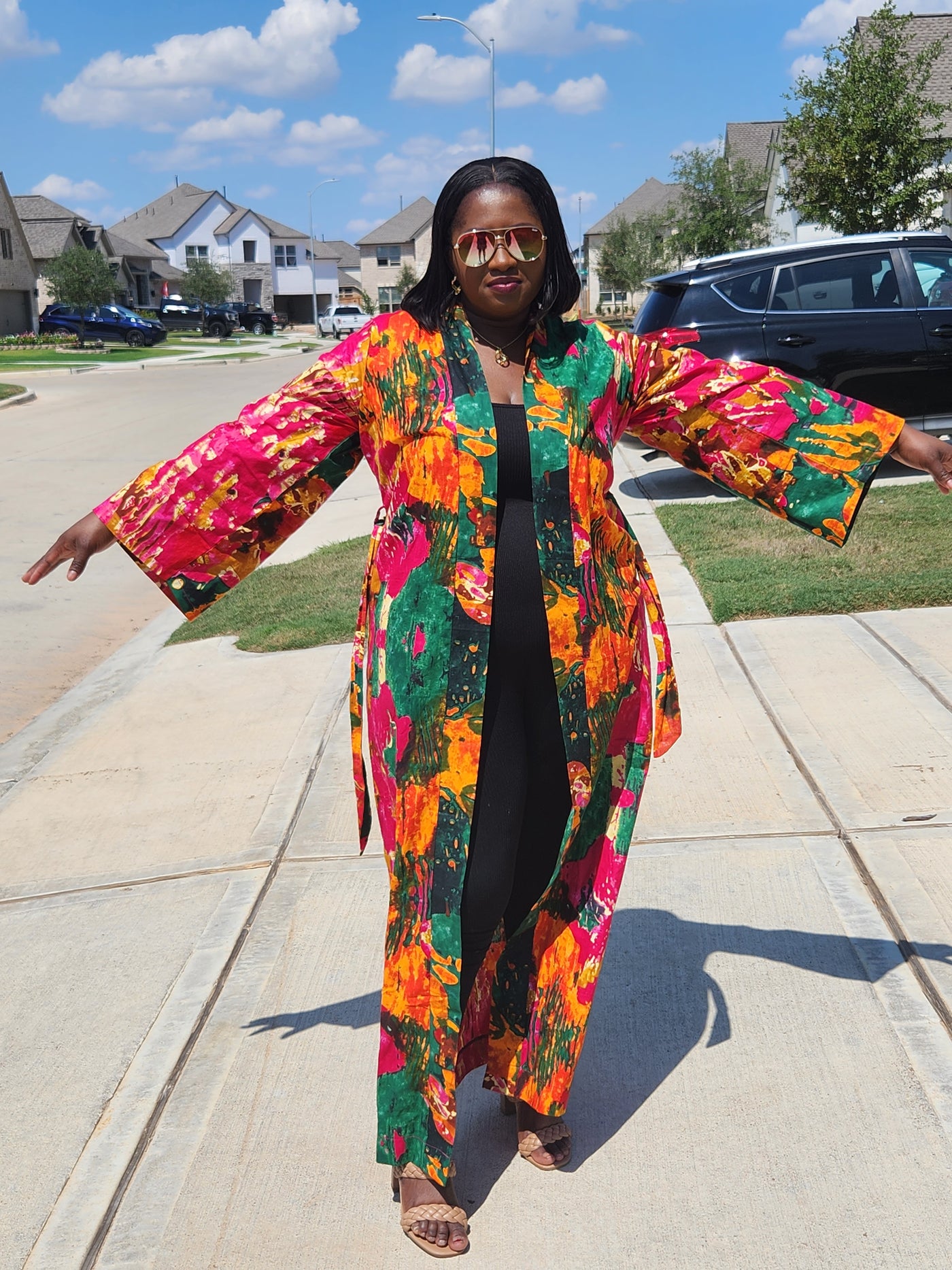 Pink and Green Maxi Kimono with Belt