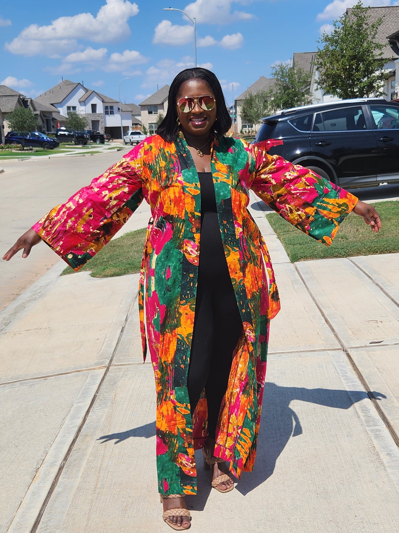 Pink and Green Maxi Kimono with Belt