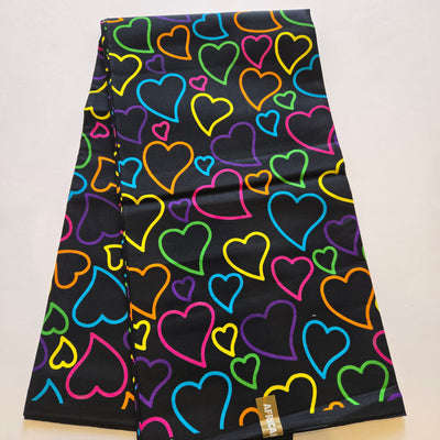Black Hearts Multicolor African Print Fabric, Brown Ankara Fabric, 100% Cotton Fabric AF421