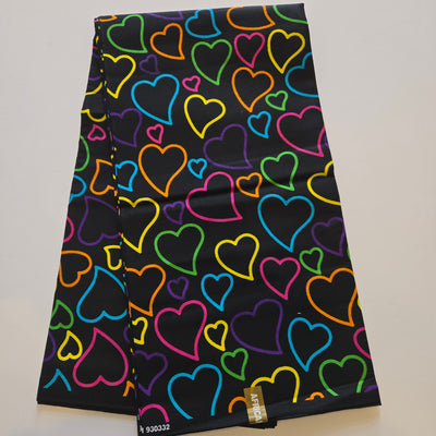 Black Hearts Multicolor African Print Fabric, Brown Ankara Fabric, 100% Cotton Fabric AF421
