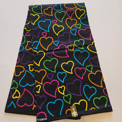 Black Hearts Multicolor African Print Fabric, Brown Ankara Fabric, 100% Cotton Fabric AF421
