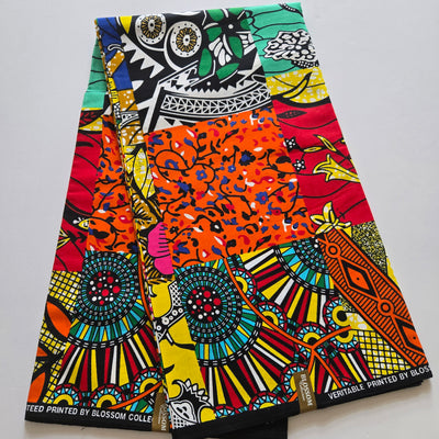 Orange and Green Patchwork African Print Fabric, Ankara Fabric AF436