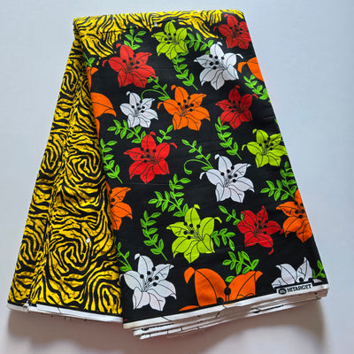 Yellow, Black and Red Floral Ankara Fabric, 100% Cotton Fabric AF454