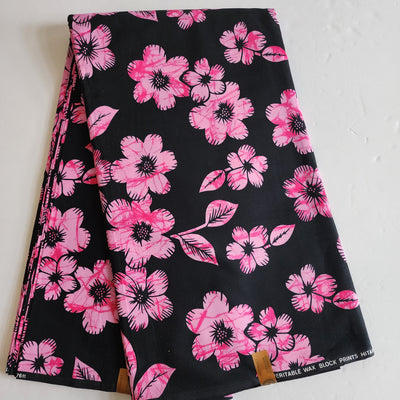 Black and Pink Floral Ankara Fabric, 100% Cotton Fabric