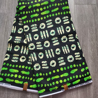 Lemon Green, Black and Cream Ankara Fabric, African Print Fabric, 100% Cotton Fabric AF475
