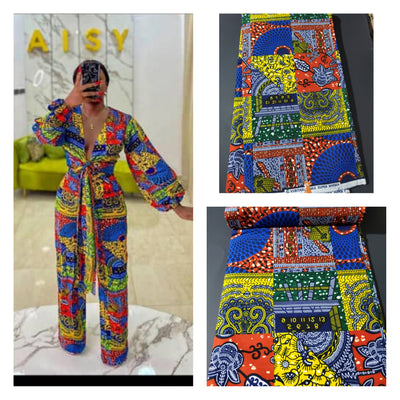 Blue and Orange Multicolor African Ankara Print Fabric