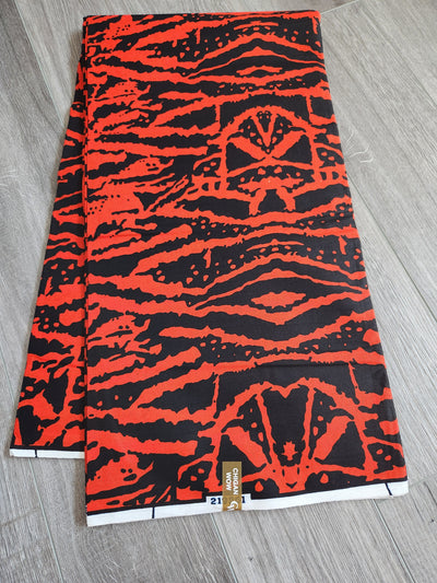 Orangey-Red and Black Ankara Print Fabric