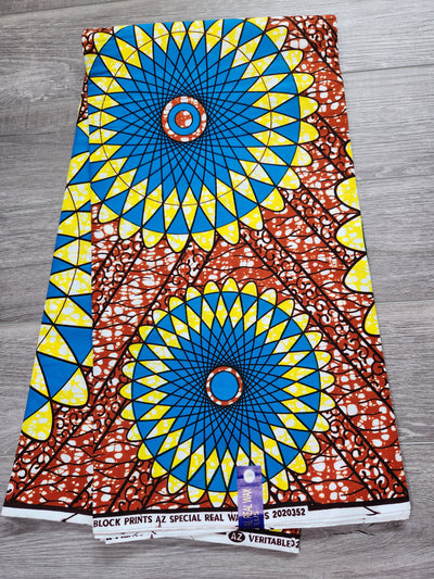 Brown, Blue and Yellow African Print Fabric, Ankara Fabric