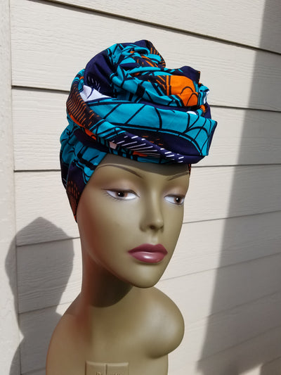 Teal, Navy and Orange African Fabric Headwrap. Ankara Headwrap