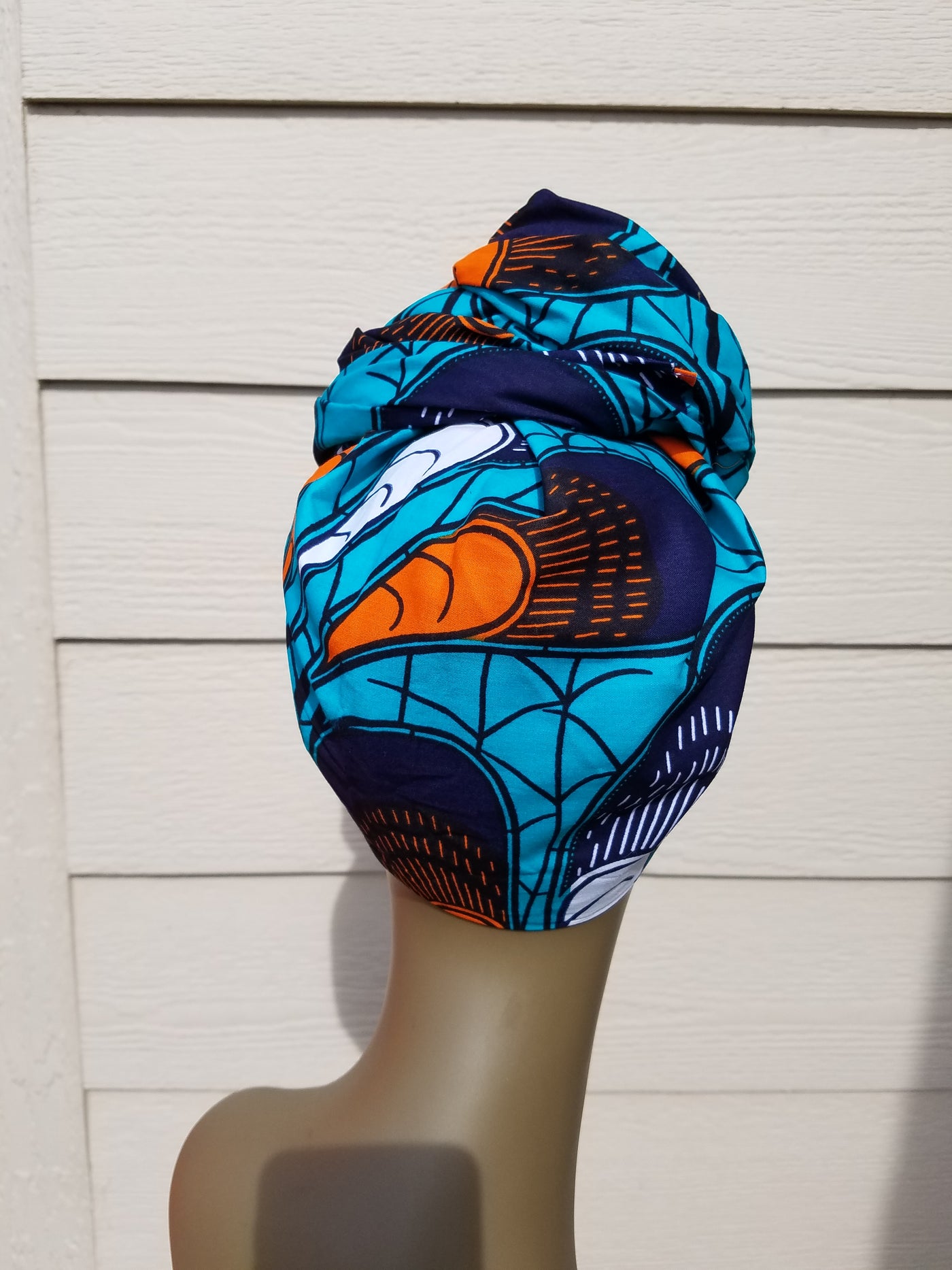 Teal, Navy and Orange African Fabric Headwrap. Ankara Headwrap