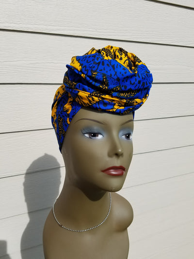 Blue, Yellow and Black African Fabric Headwrap. Ankara Headwrap