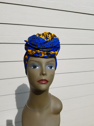 Blue, Yellow and Black African Fabric Headwrap. Ankara Headwrap