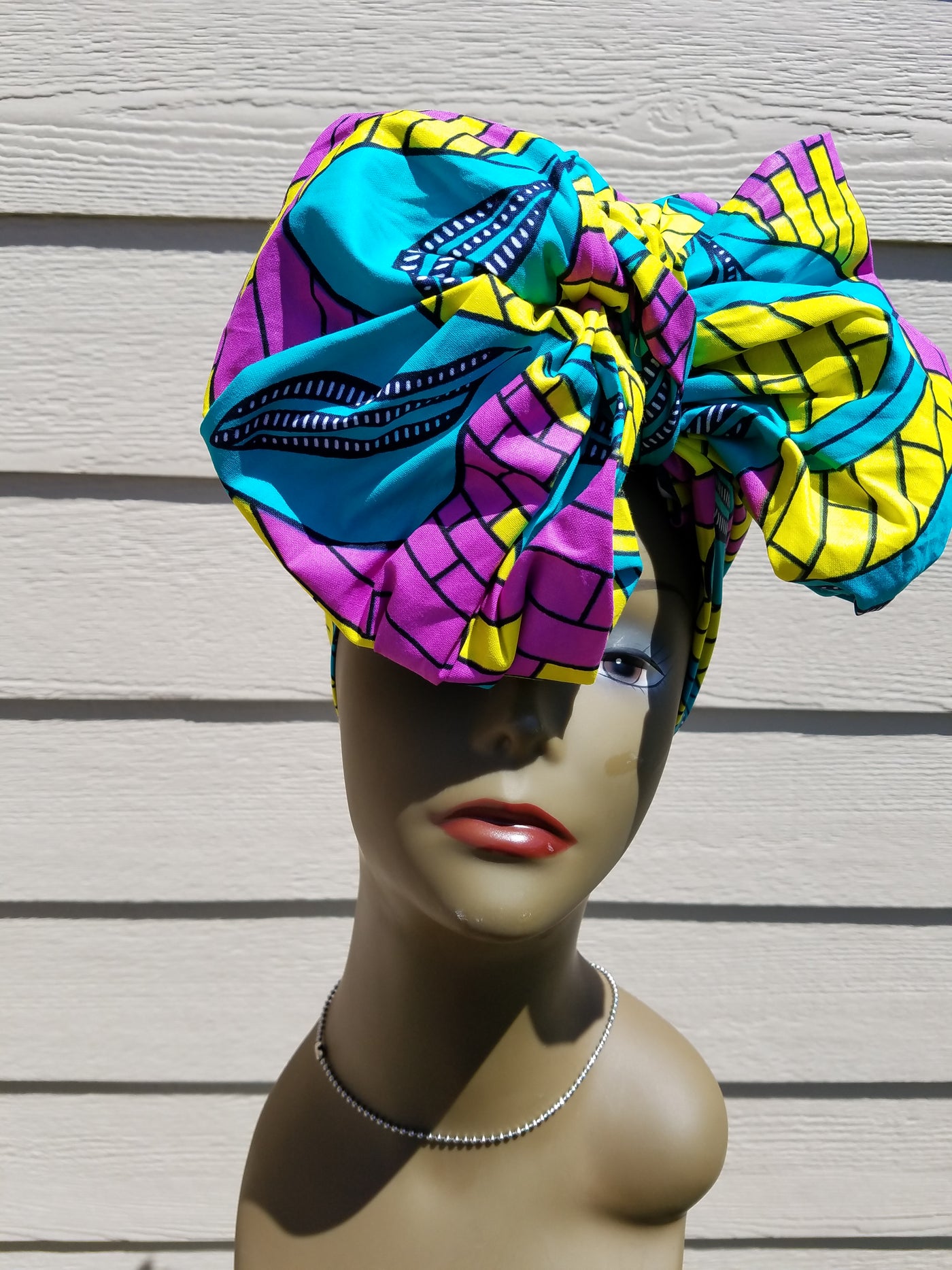 Yellow, Teal, Purple and Black African Fabric Headwrap. Ankara Headwrap