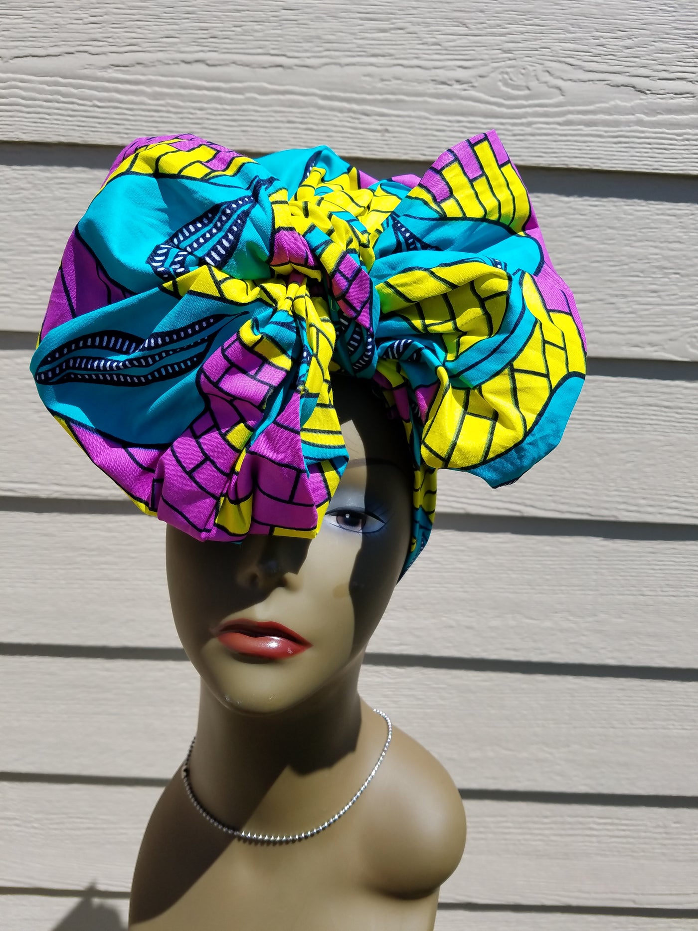 Yellow, Teal, Purple and Black African Fabric Headwrap. Ankara Headwrap