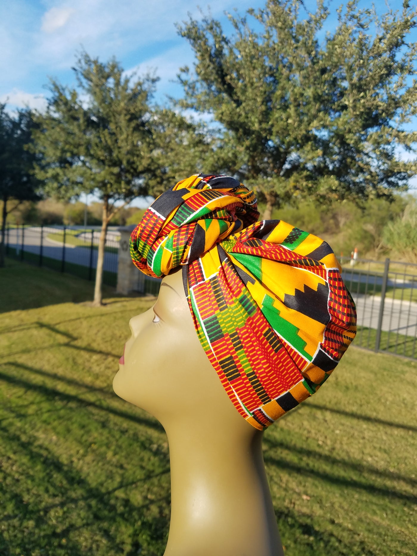 Yellow, Green and Red Kente African Fabric Headwrap. Ankara Headwrap