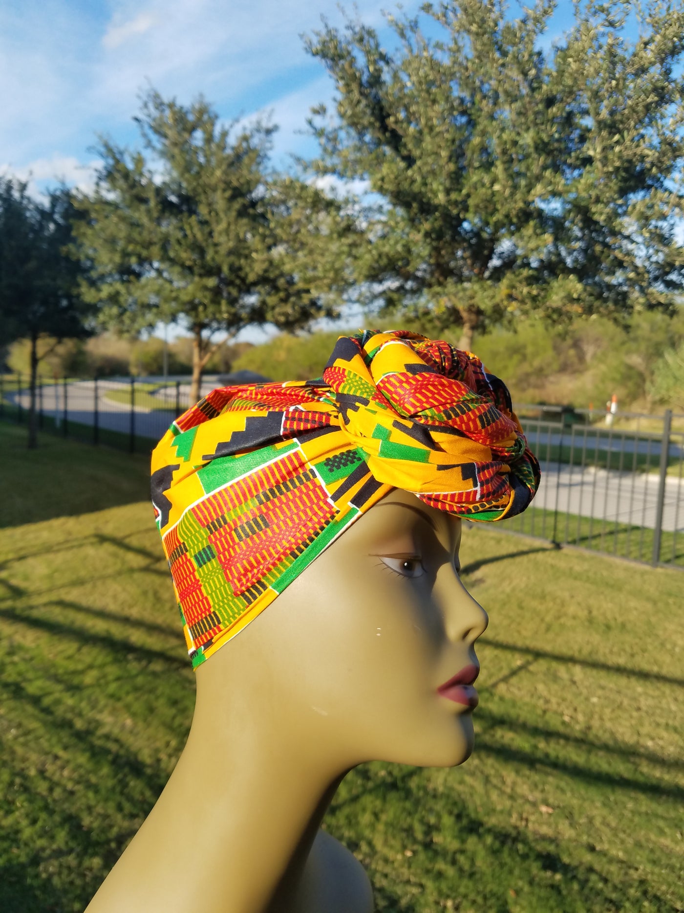 Yellow, Green and Red Kente African Fabric Headwrap. Ankara Headwrap