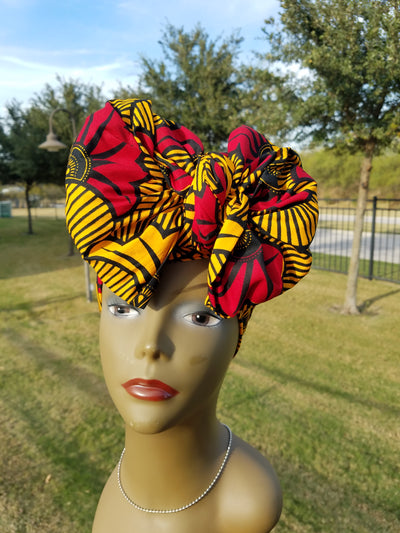 Yellow and Red African Fabic Headwrap. Ankara Headwrap