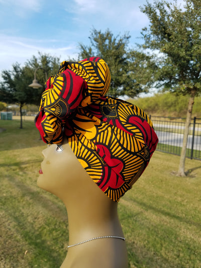 Yellow and Red African Fabic Headwrap. Ankara Headwrap