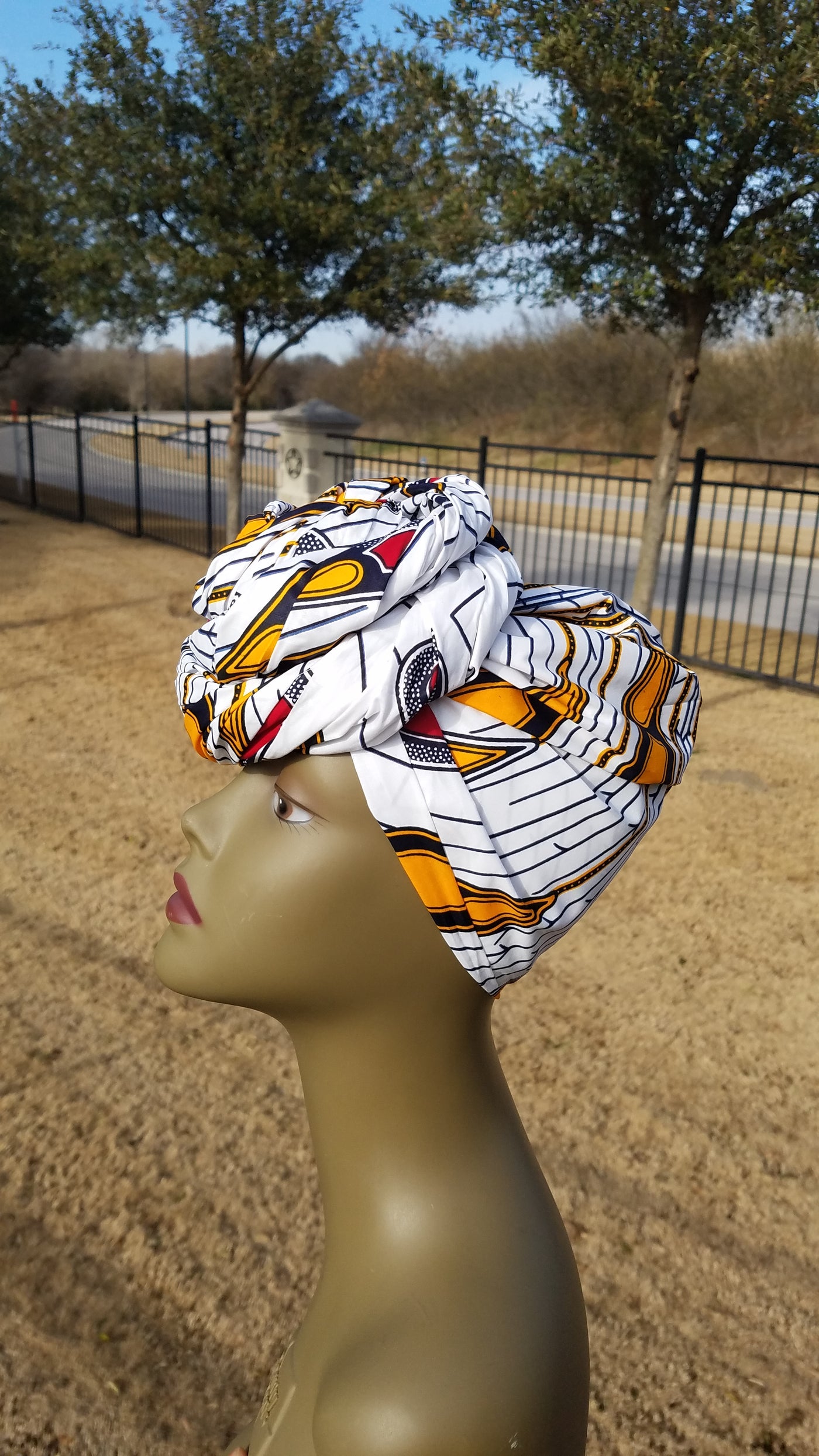 White, Yellow, Red and Black African Fabric Headwrap. Ankara Headwrap