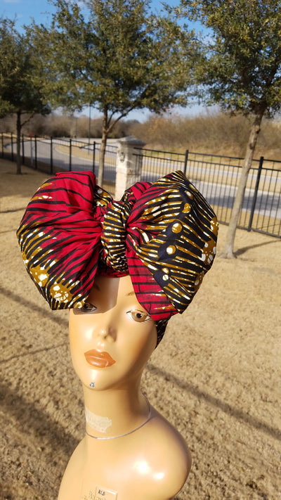 Red and Brown African Fabric Headwrap. Ankara Headwrap