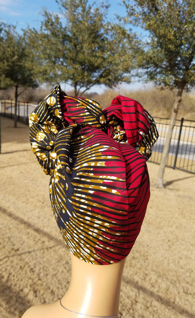 Red and Brown African Fabric Headwrap. Ankara Headwrap