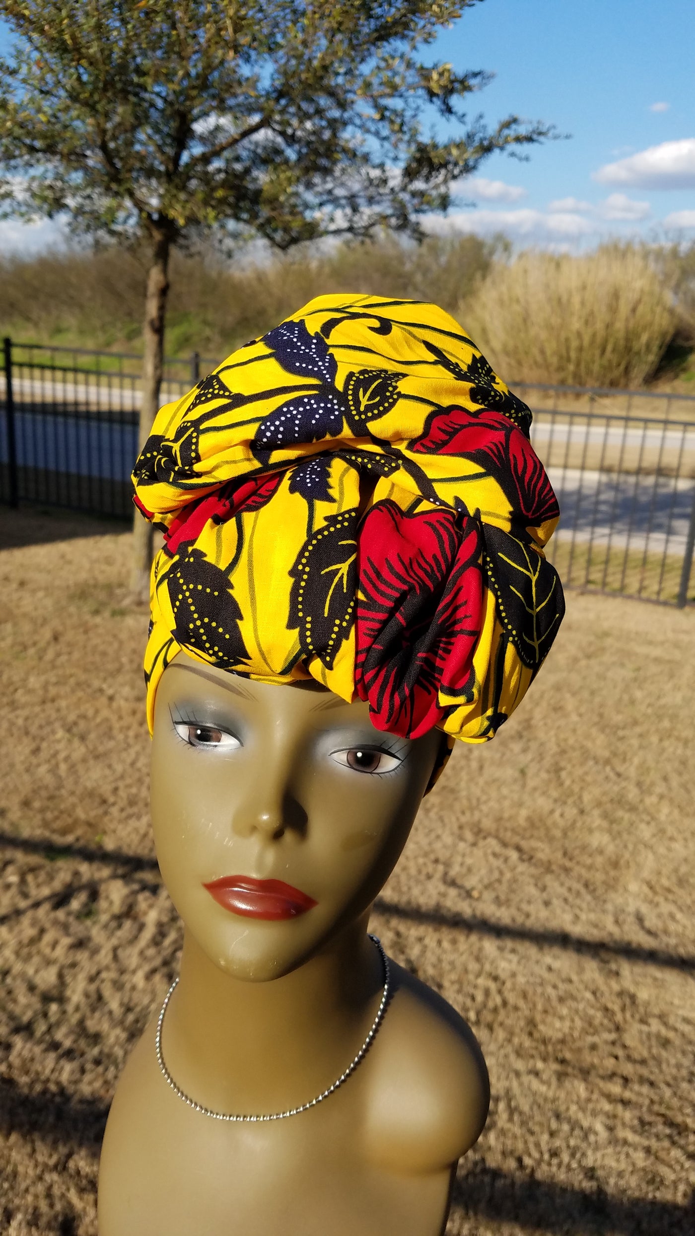 Yellow, Red and Black African Fabric Headwrap. Ankara Headwrap