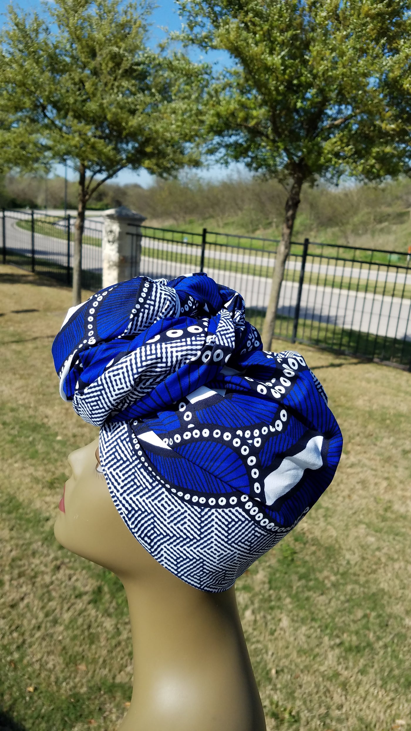 White and Blue African Fabric Headwrap. Ankara Headwrap