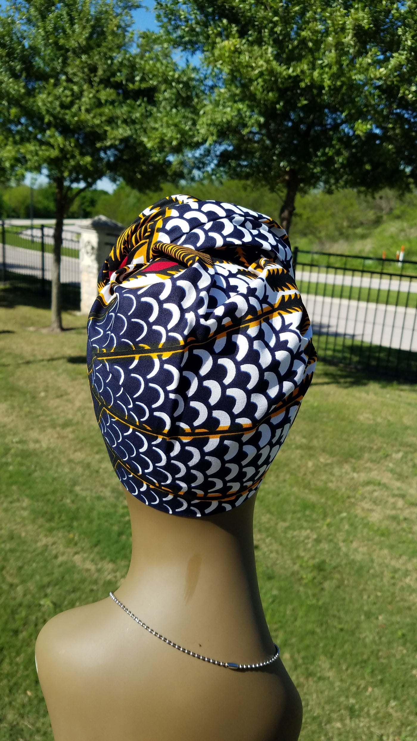 Navy, Yellow and Red African Fabic Headwrap. Ankara Headwrap