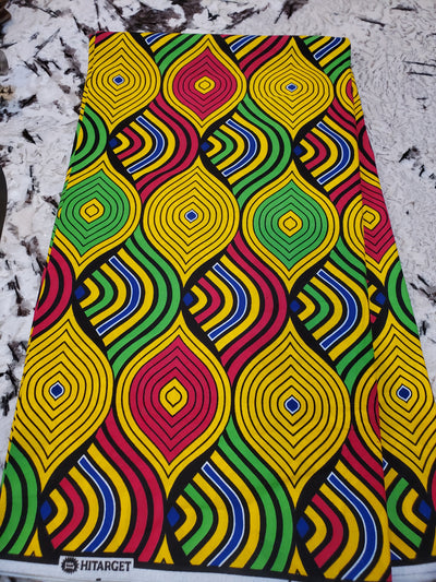 Yellow, Pink, Green, Blue and Black Multicolor African Ankara Print Fabric