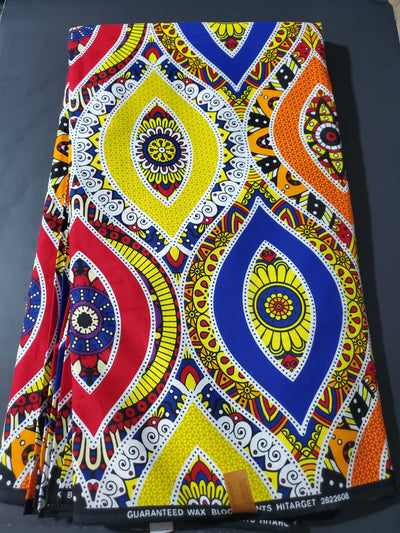 White, Blue, Red, and Yellow African Ankara Fabric