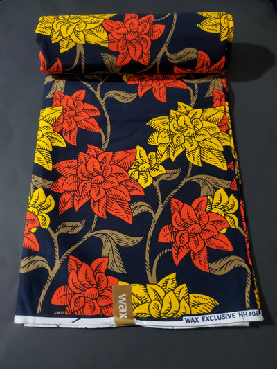 Navy, Yellow and Orange Multicolor African Ankara Print Fabric