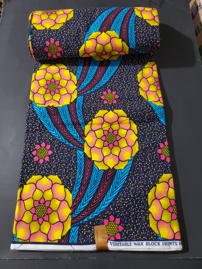 Navy, Yellow and Pink Multicolor African Ankara Fabric