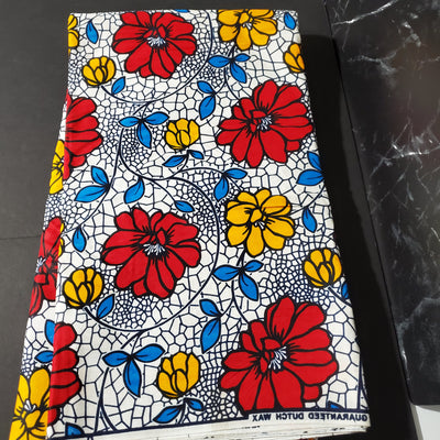 White, Red, Yellow and Blue and Black Multicolor African Ankara Fabric