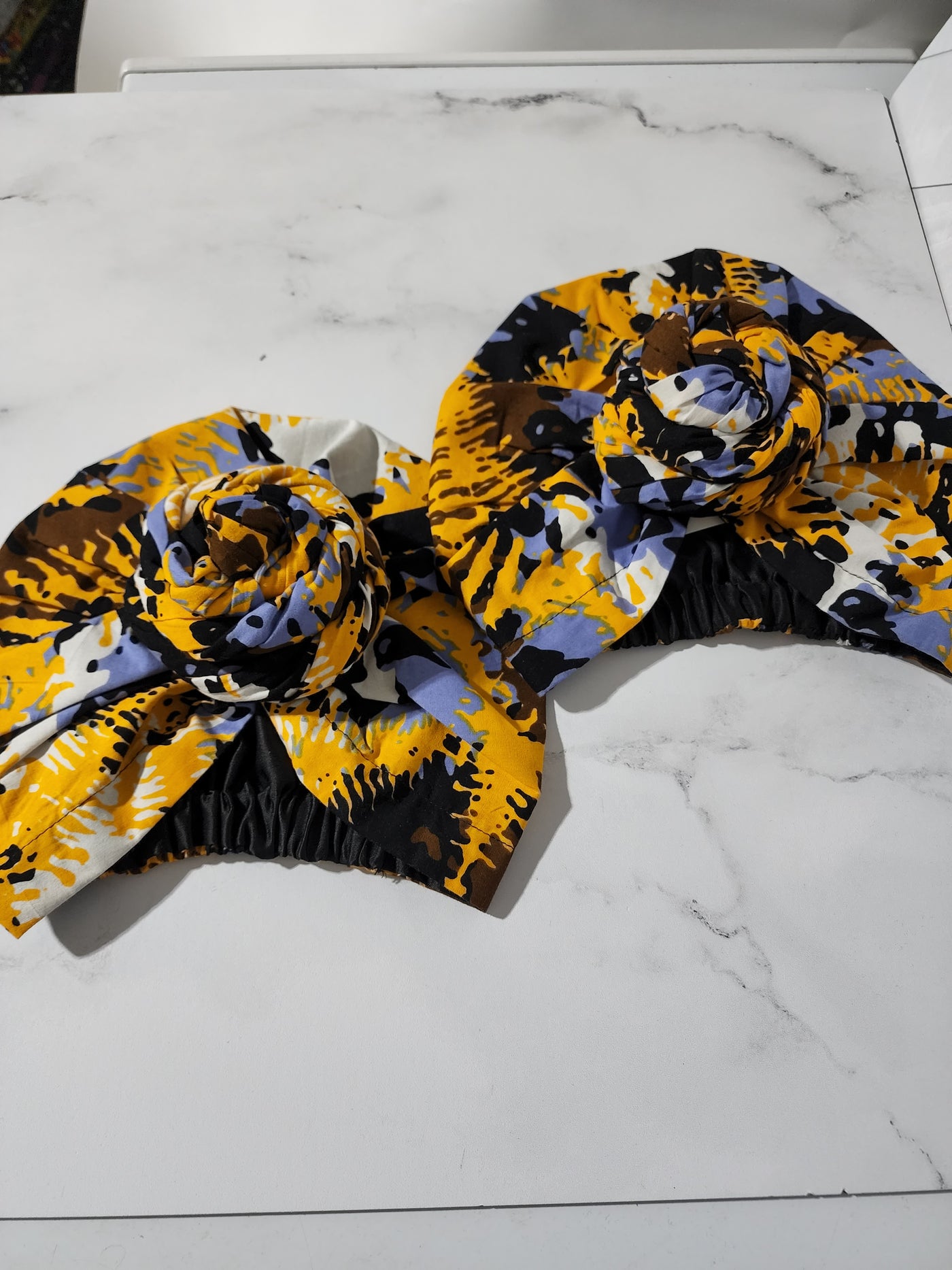 Yellow and Black Satin-lined Pre-tied Headwrap
