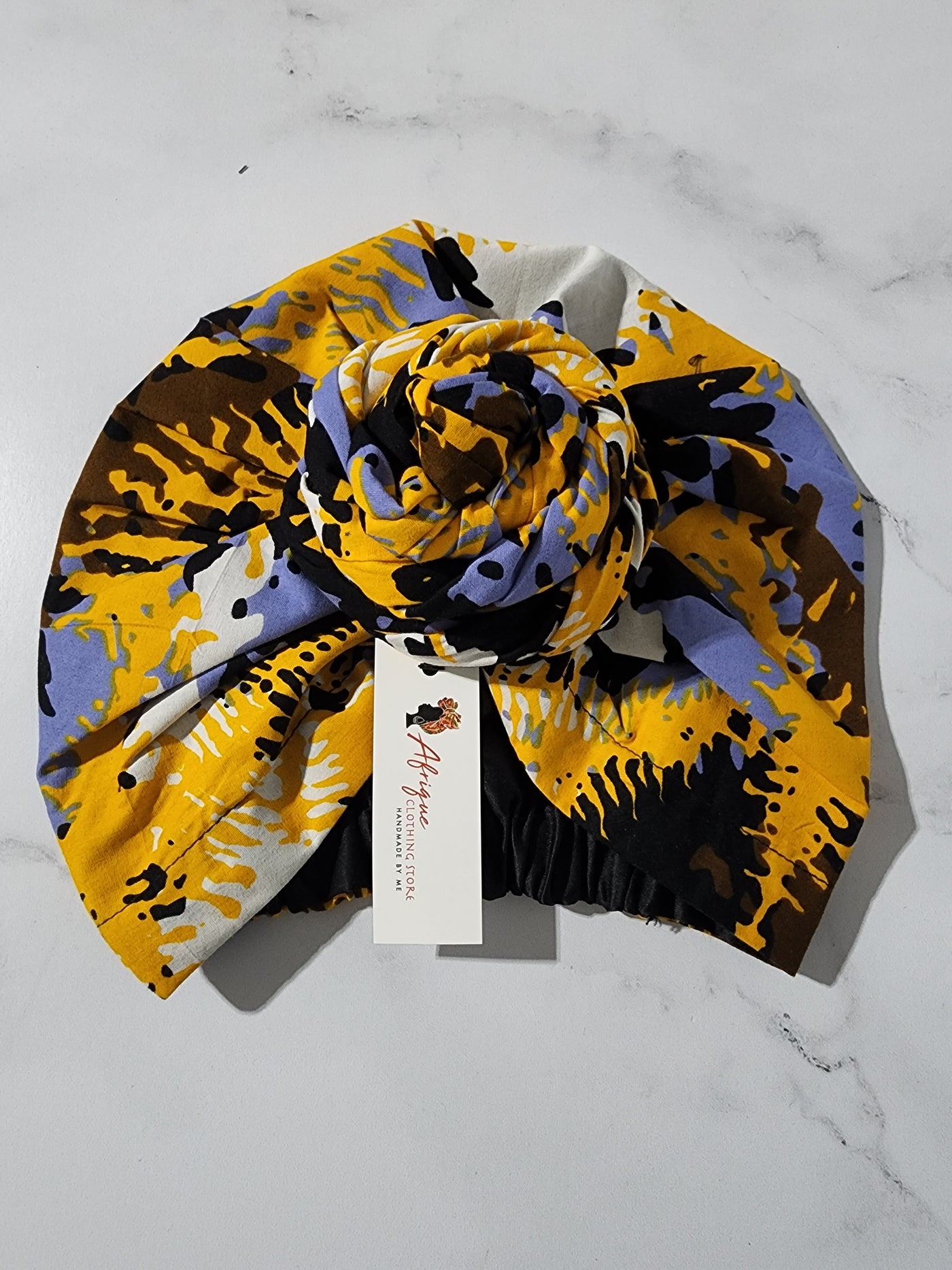 Yellow and Black Satin-lined Pre-tied Headwrap
