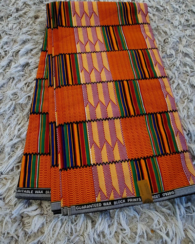 Orange and Green Kente African Ankara Print Fabric