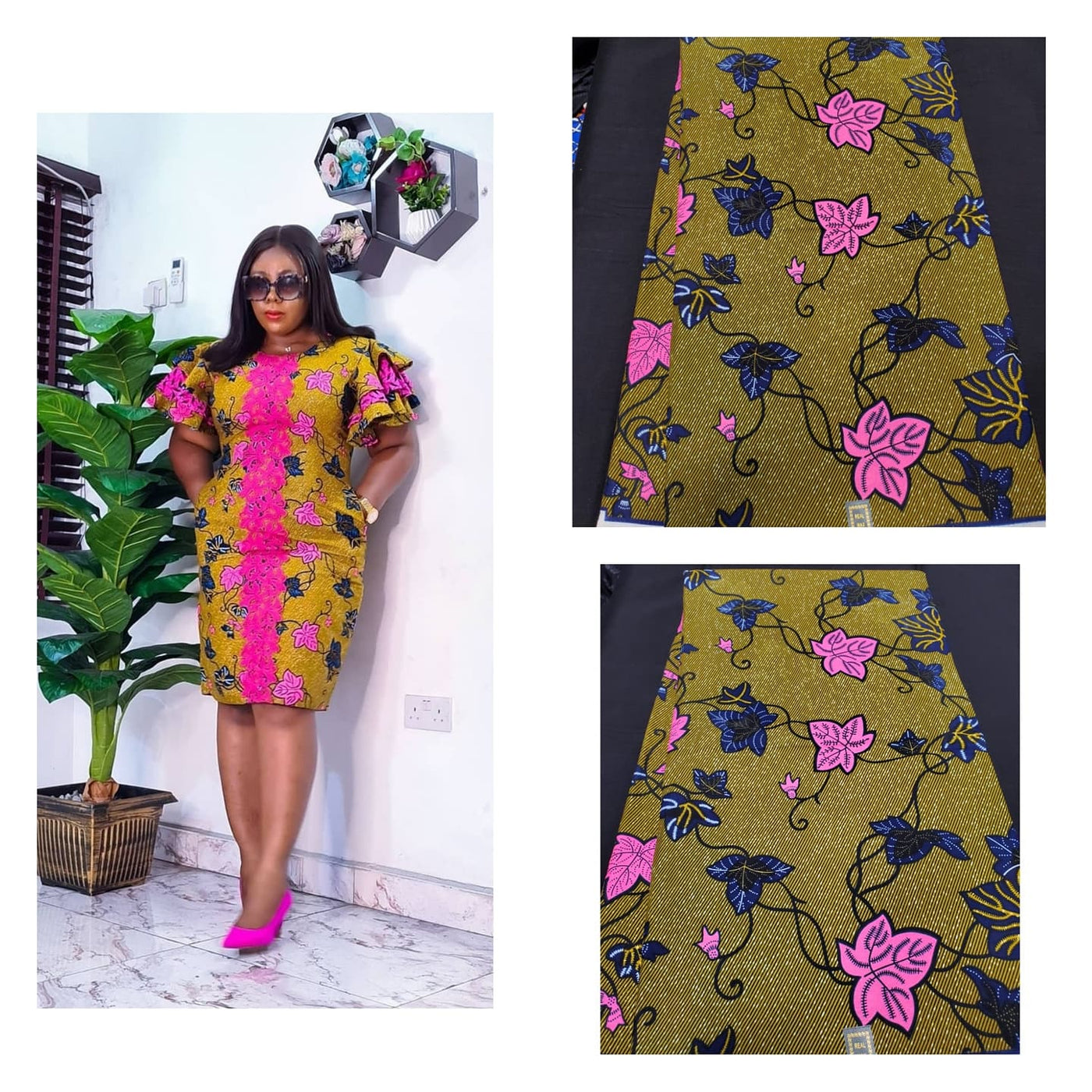 Olive Green and Pink Multicolor African Ankara Print Fabric