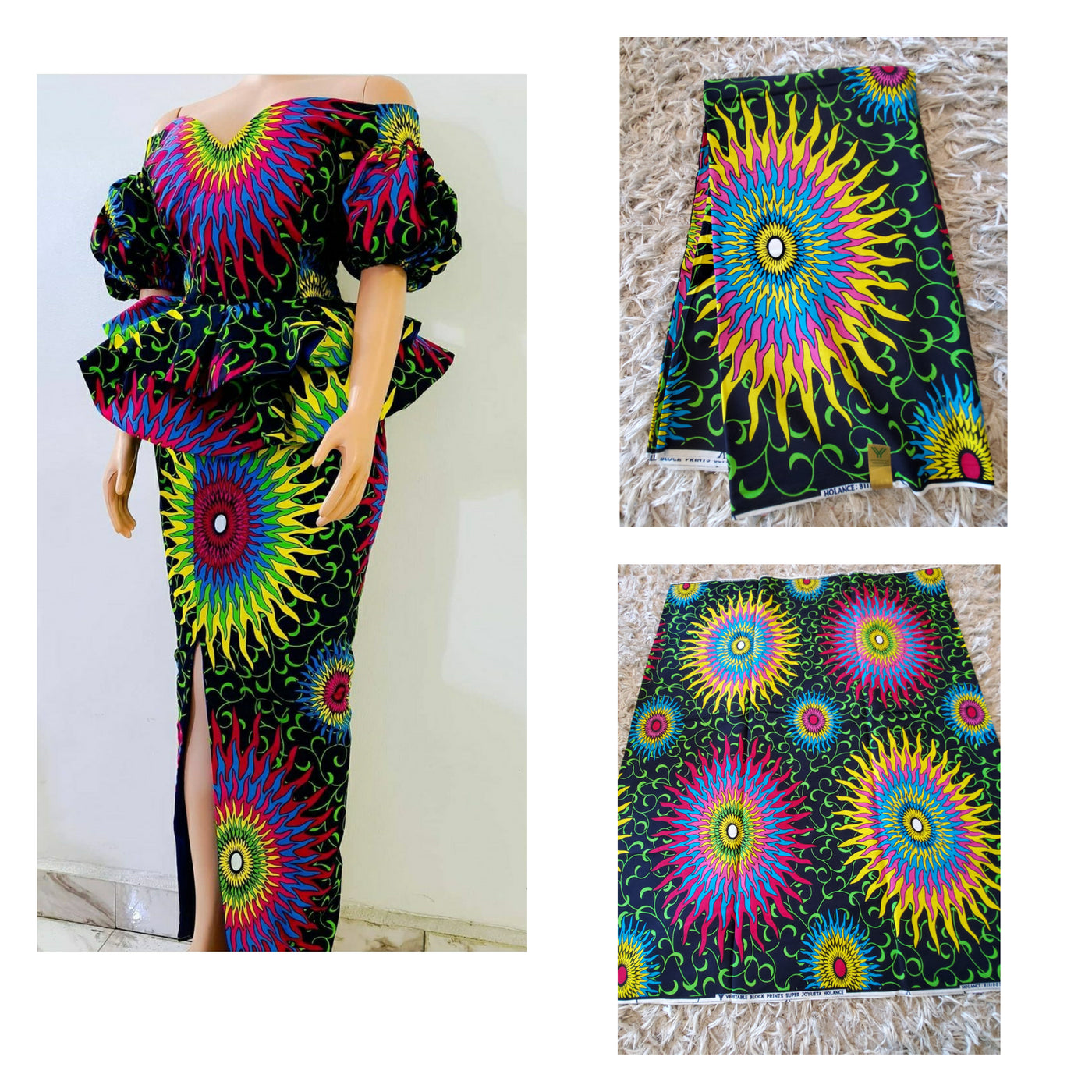 Navy, Pink, Yellow and Green Multicolor African Ankara Print Fabric