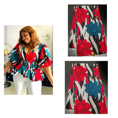 White, Black, Teal and Red Multicolor African Ankara Fabric
