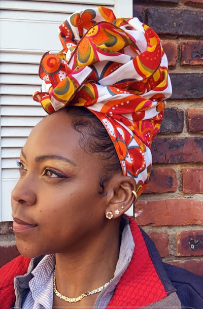 White and Orange Headwrap, African Fabric Headwrap. Ankara Headwrap